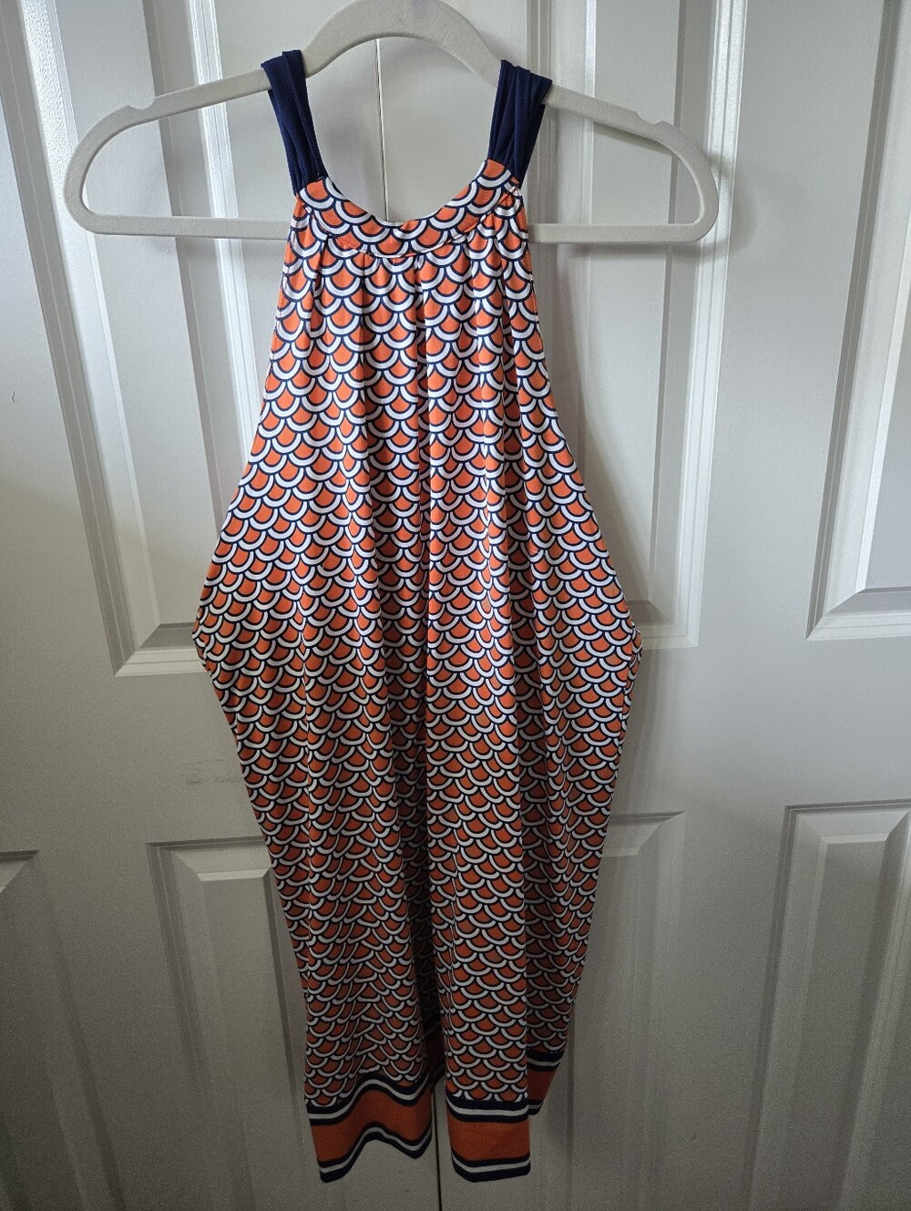 Mud Pie Navy & Orange Fish Scale Geometric Tie-Back Dress